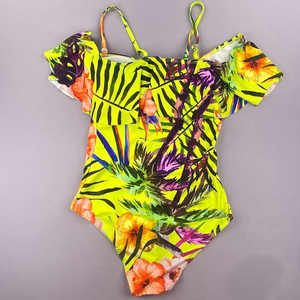 Unbranded One‎ Piece Swimsuit Womens XS Neon YellowTropical Flounce Ruffle
